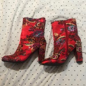 Red Floral Embroidered Ankle Boots - Women's Booties